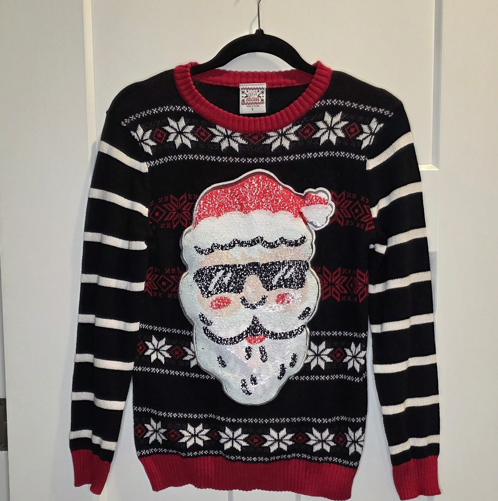 Boys Reversible Sequin Christmas Sweater –Santa/T-Rex Flip Design-Size Large